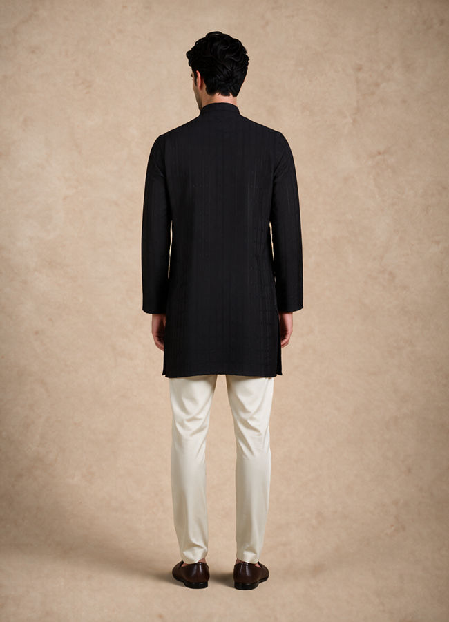 Manyavar Men Black Blended Viscose Kurta with Self-Texture