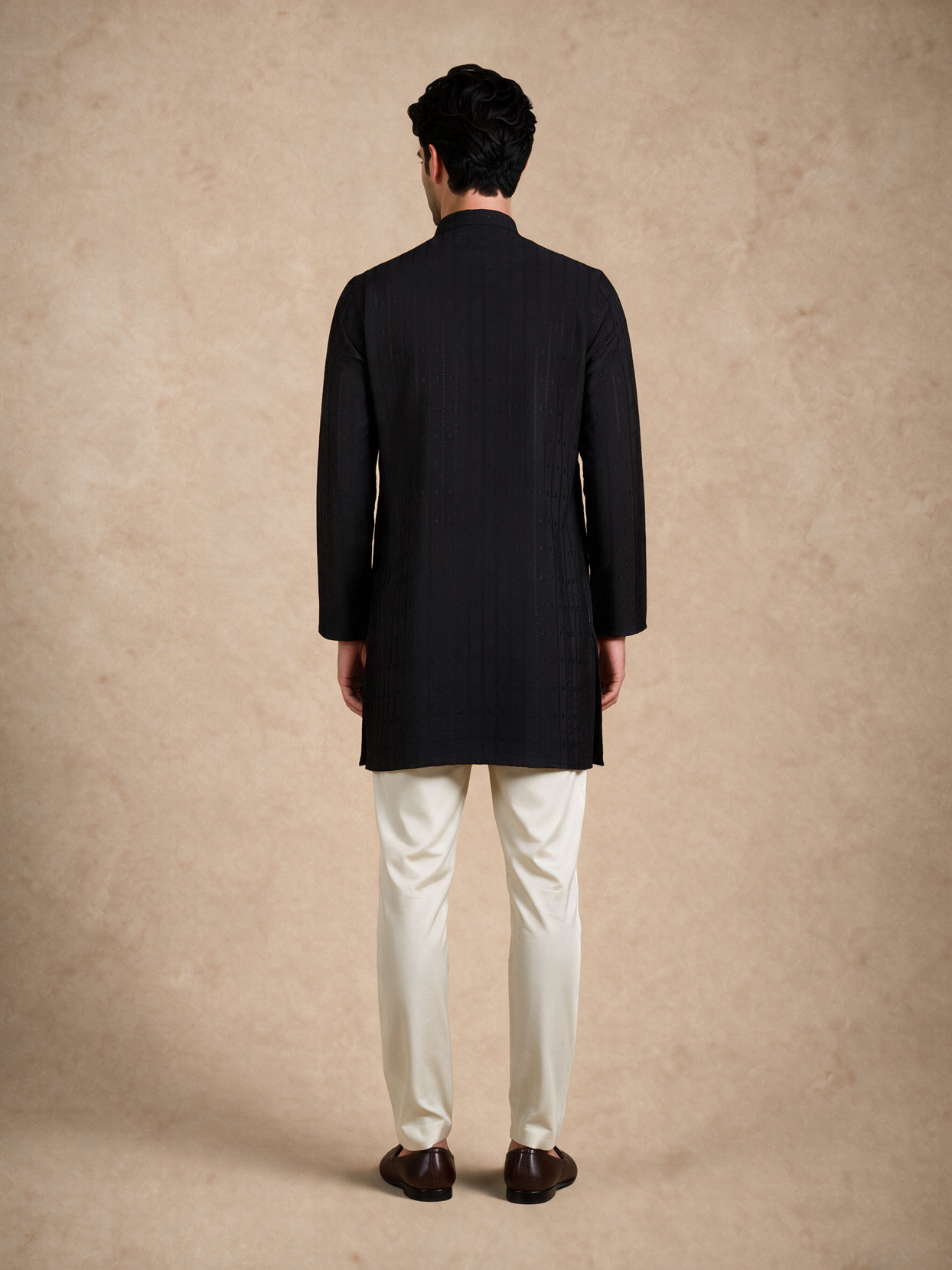 Manyavar Men Black Blended Viscose Kurta with Self-Texture