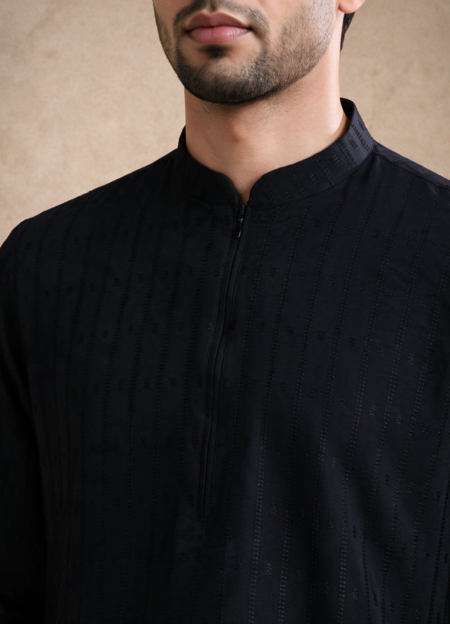Manyavar Men Black Blended Viscose Kurta with Self-Texture