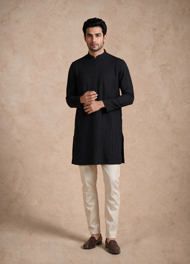 Manyavar Men Black Blended Viscose Kurta with Self-Texture