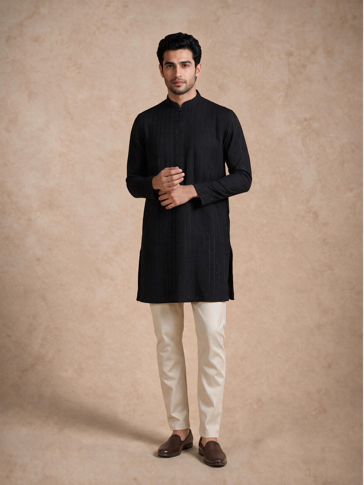 Manyavar Men Black Blended Viscose Kurta with Self-Texture