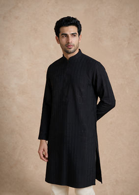 Manyavar Men Black Blended Viscose Kurta with Self-Texture
