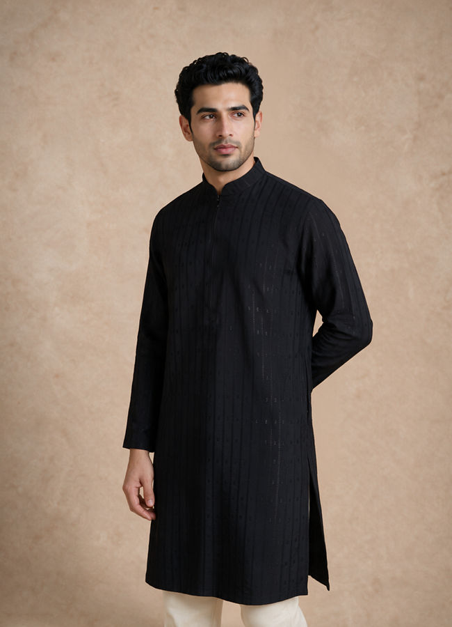Manyavar Men Black Blended Viscose Kurta with Self-Texture
