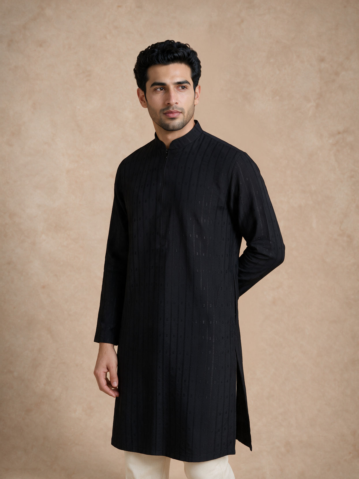 Manyavar Men Black Blended Viscose Kurta with Self-Texture