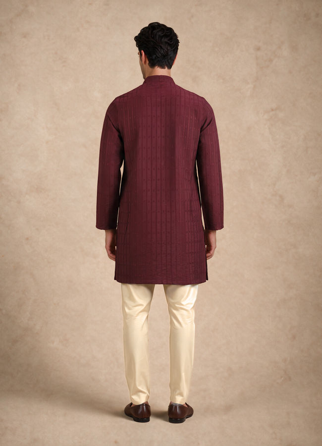 Manyavar Men Wine Blended Viscose Kurta with Self-Texture