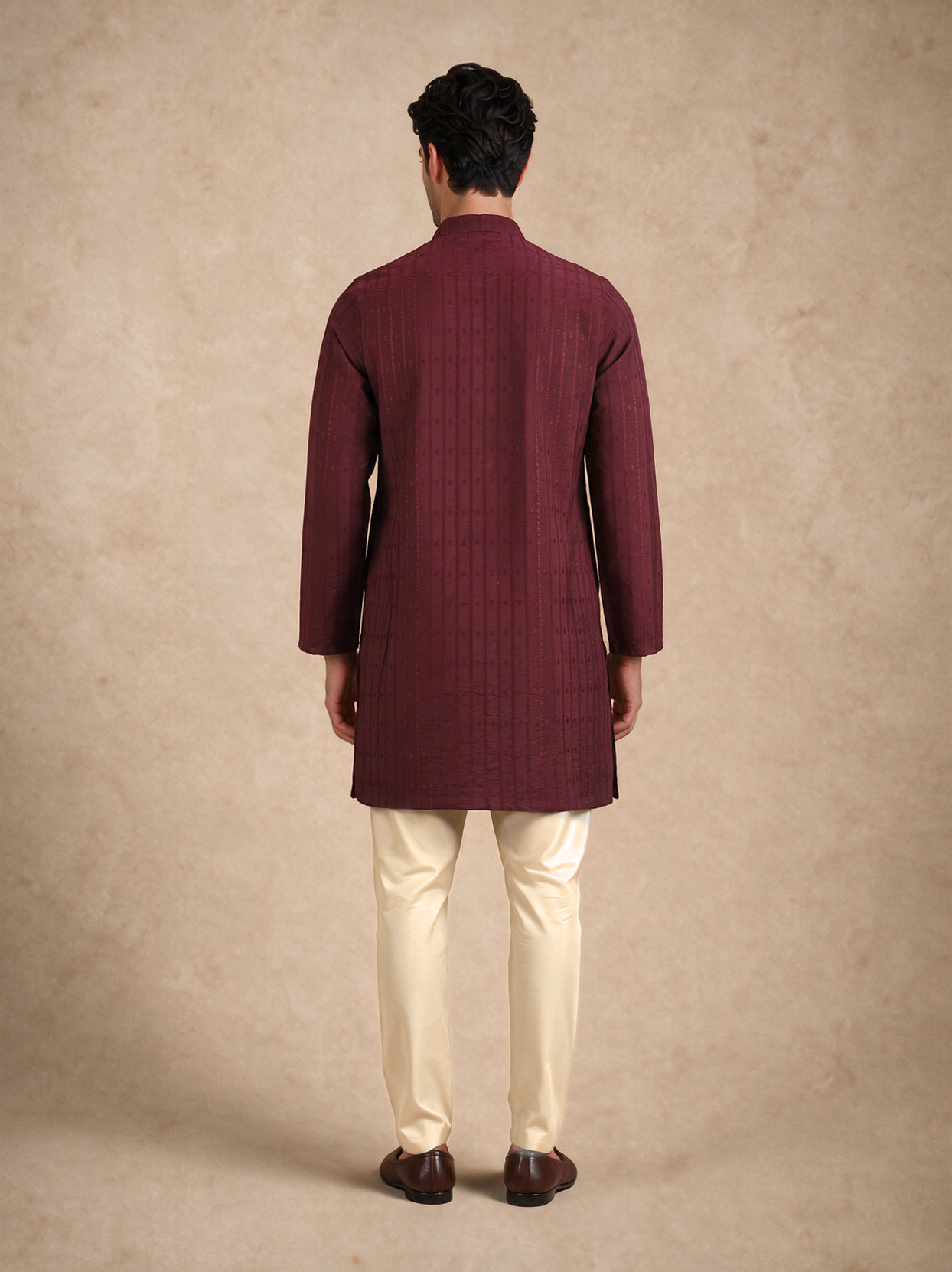 Manyavar Men Wine Blended Viscose Kurta with Self-Texture