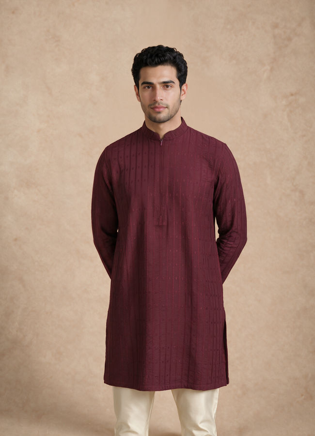 Manyavar Men Wine Blended Viscose Kurta with Self-Texture