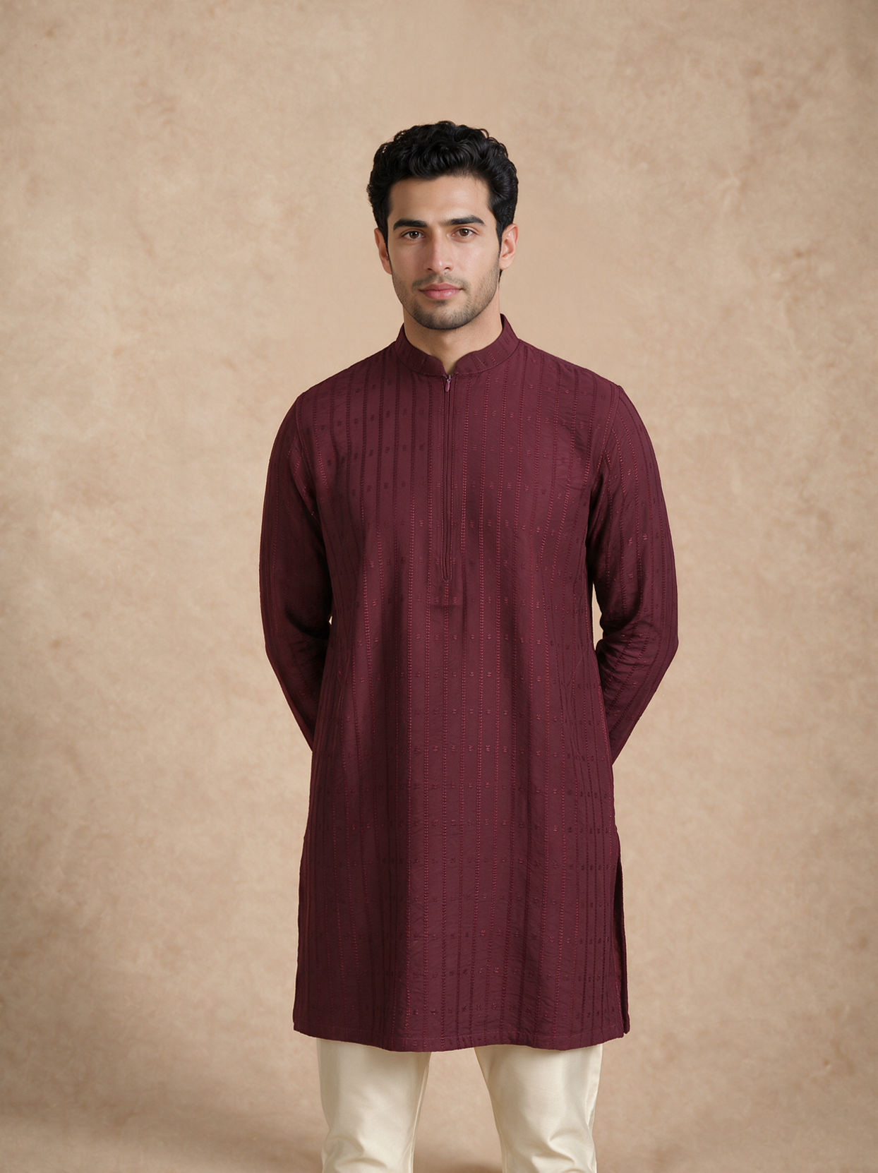 Manyavar Men Wine Blended Viscose Kurta with Self-Texture