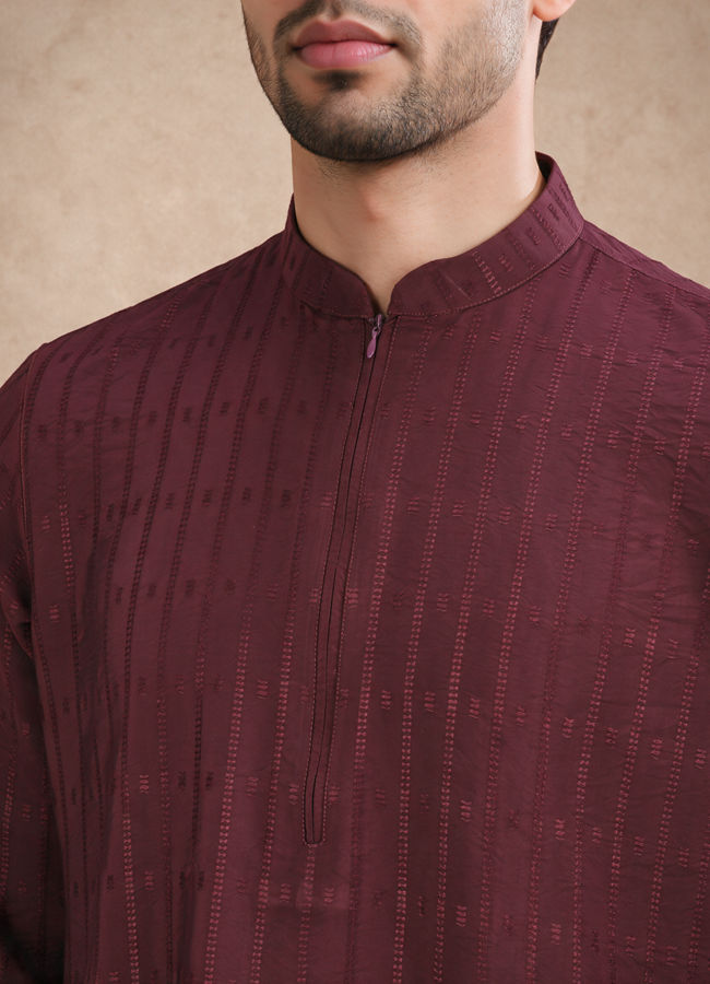 Manyavar Men Wine Blended Viscose Kurta with Self-Texture