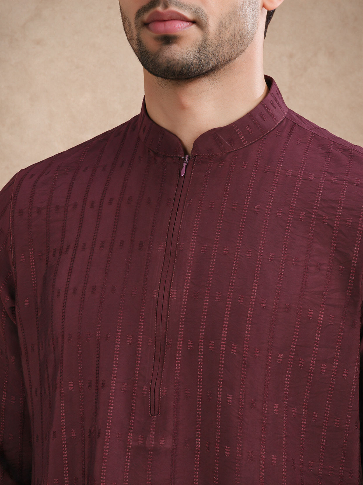 Manyavar Men Wine Blended Viscose Kurta with Self-Texture