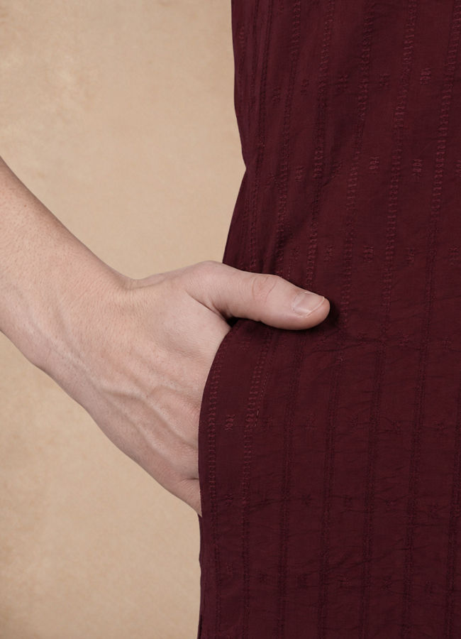 Manyavar Men Wine Blended Viscose Kurta with Self-Texture