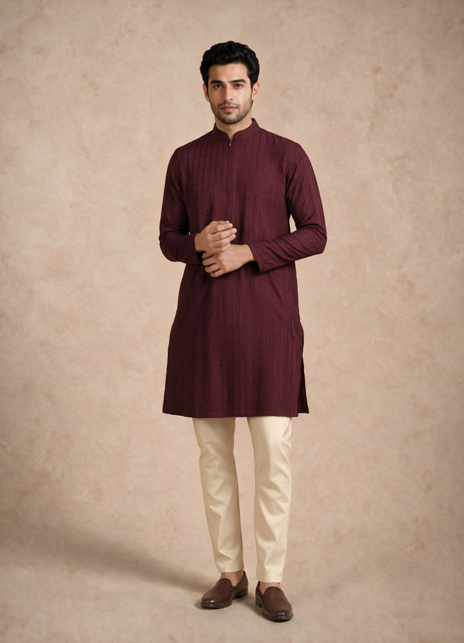 Manyavar Men Wine Blended Viscose Kurta with Self-Texture