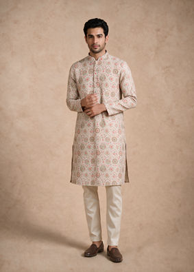 Manyavar Men Beige Blended Cotton Kurta with Floral Print