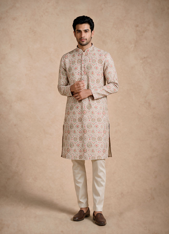 Manyavar Men Beige Blended Cotton Kurta with Floral Print