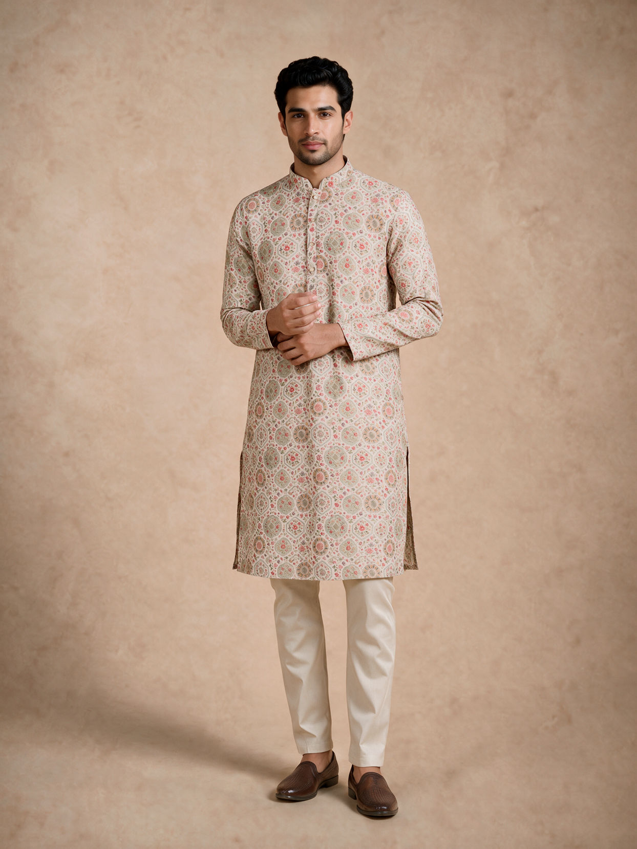 Manyavar Men Beige Blended Cotton Kurta with Floral Print