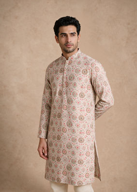 Manyavar Men Beige Blended Cotton Kurta with Floral Print