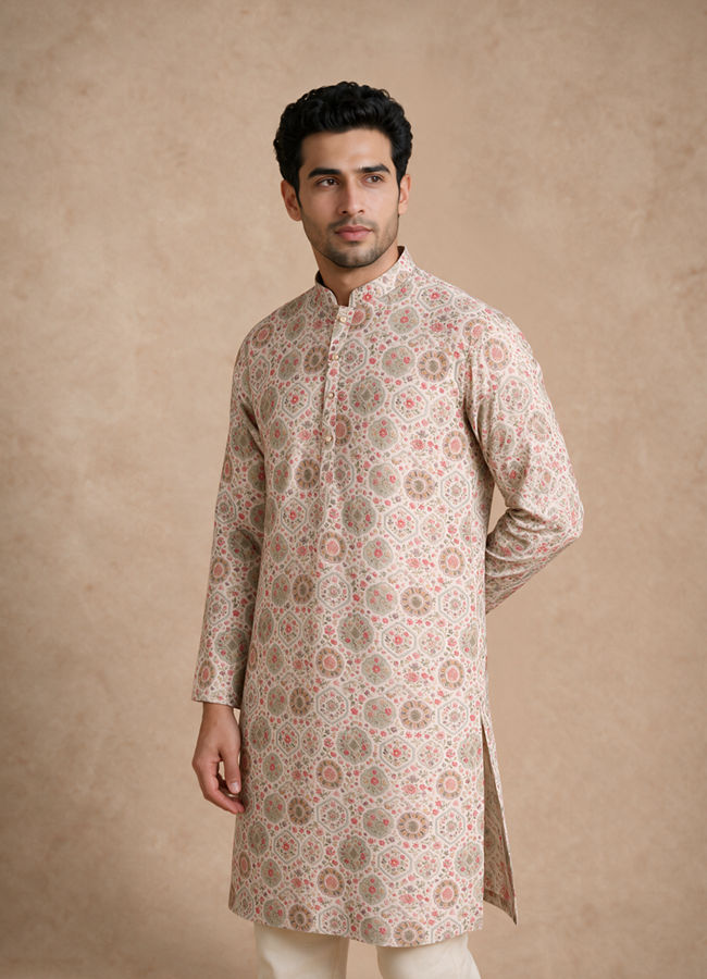 Manyavar Men Beige Blended Cotton Kurta with Floral Print