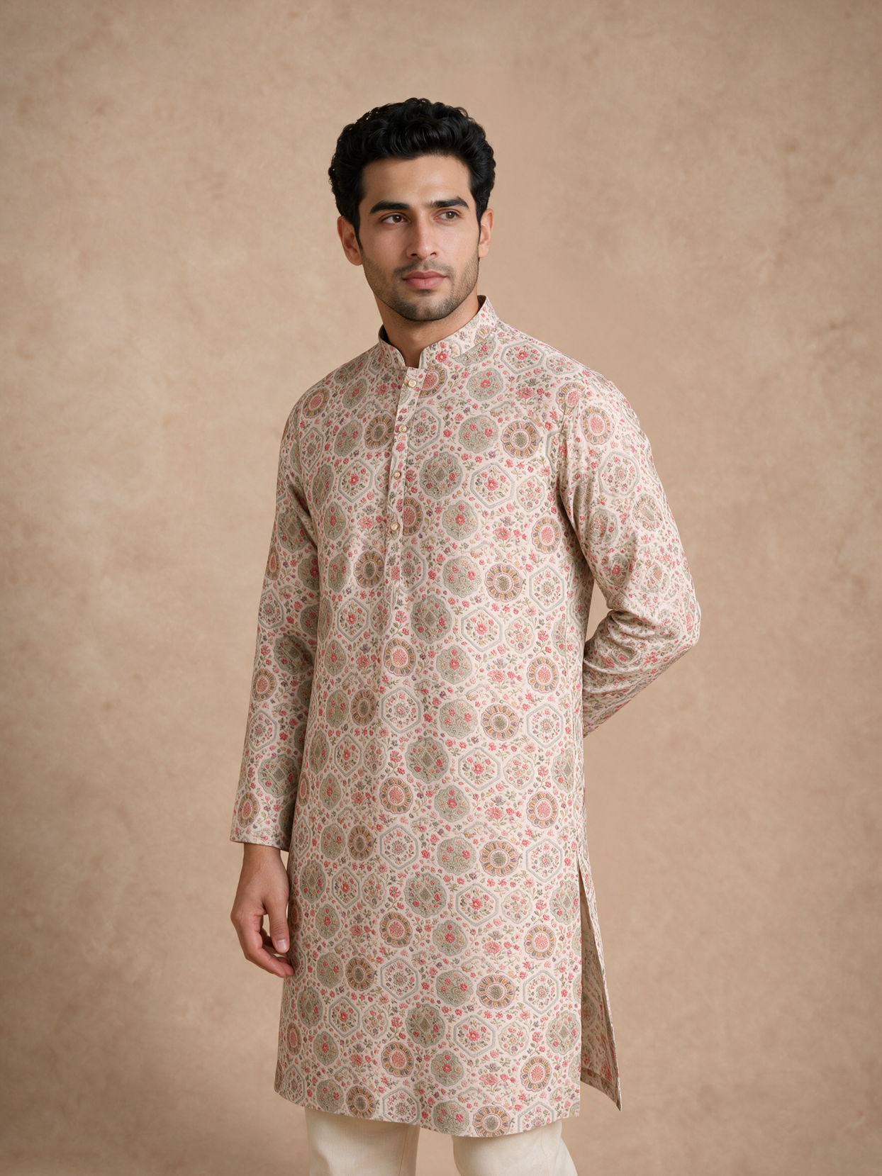 Manyavar Men Beige Blended Cotton Kurta with Floral Print
