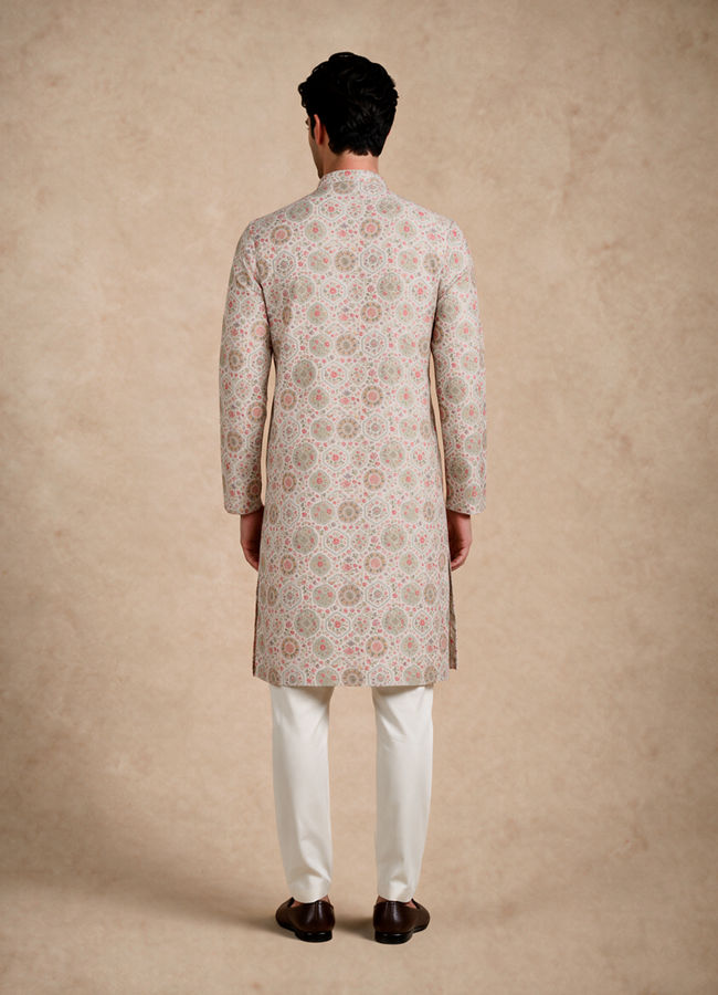 Manyavar Men Beige Blended Cotton Kurta with Floral Print
