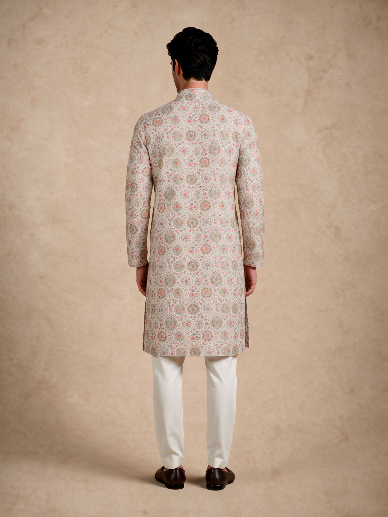 Manyavar Men Beige Blended Cotton Kurta with Floral Print