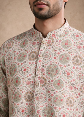 Manyavar Men Beige Blended Cotton Kurta with Floral Print