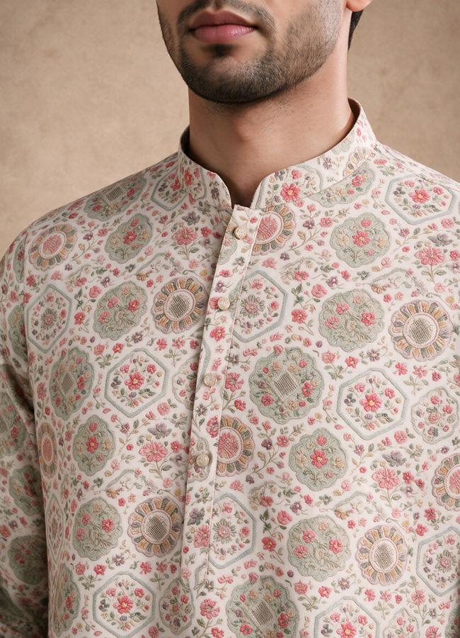 Manyavar Men Beige Blended Cotton Kurta with Floral Print