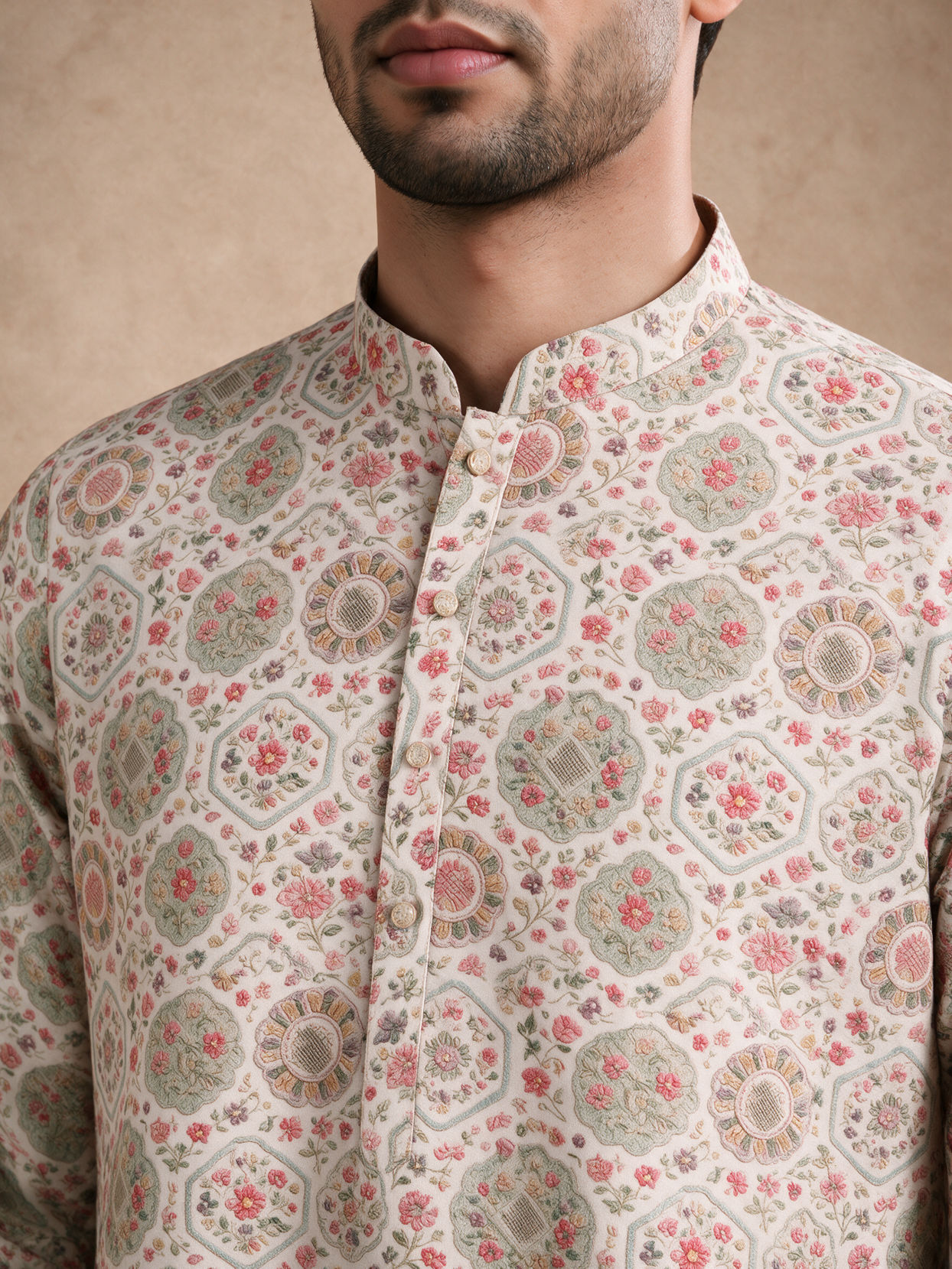 Manyavar Men Beige Blended Cotton Kurta with Floral Print