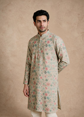 Manyavar Men Pista Green Blended Cotton Kurta with Print