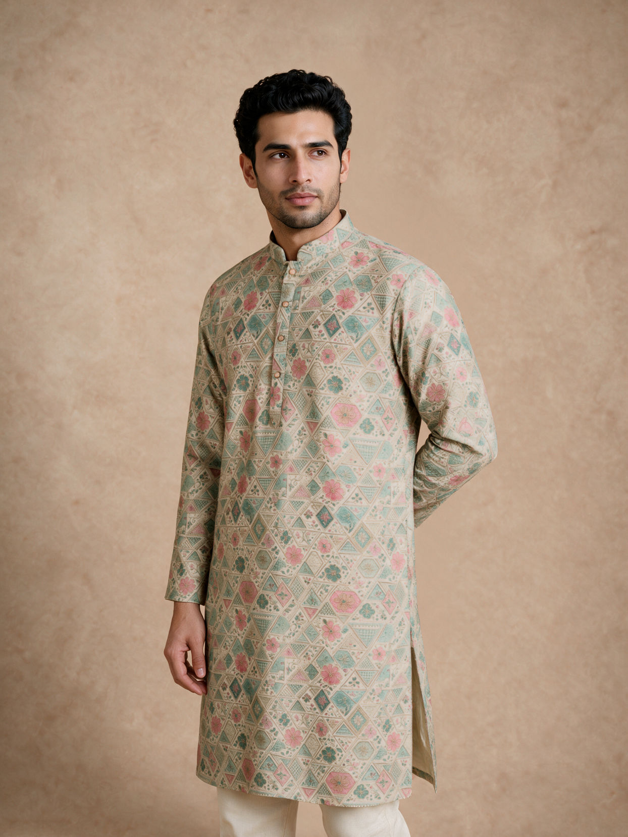 Manyavar Men Pista Green Blended Cotton Kurta with Print