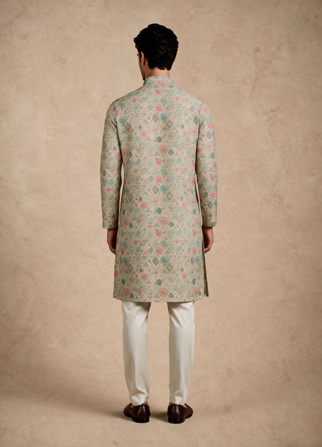 Manyavar Men Pista Green Blended Cotton Kurta with Print