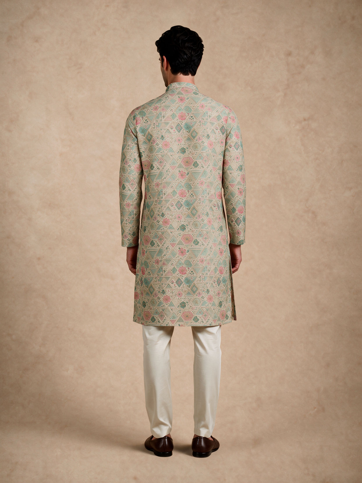 Manyavar Men Pista Green Blended Cotton Kurta with Print