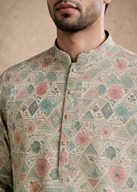 Manyavar Men Pista Green Blended Cotton Kurta with Print