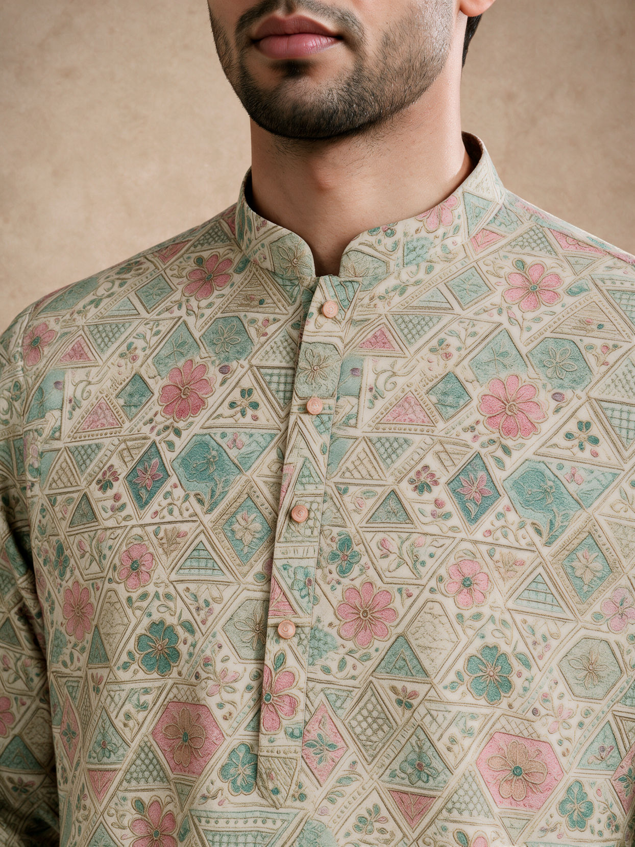 Manyavar Men Pista Green Blended Cotton Kurta with Print