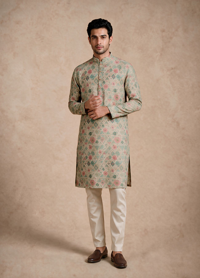 Manyavar Men Pista Green Blended Cotton Kurta with Print
