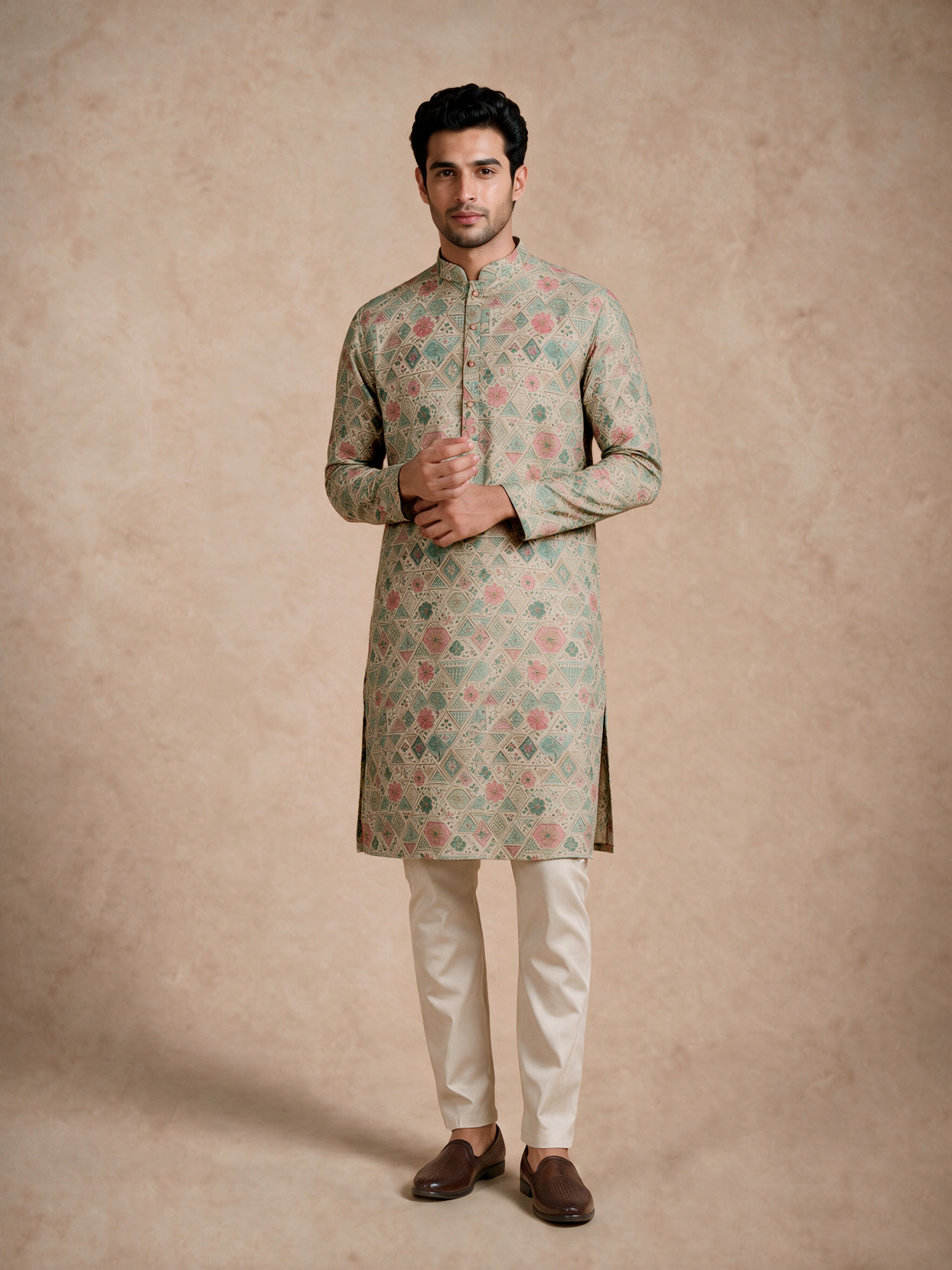 Manyavar Men Pista Green Blended Cotton Kurta with Print