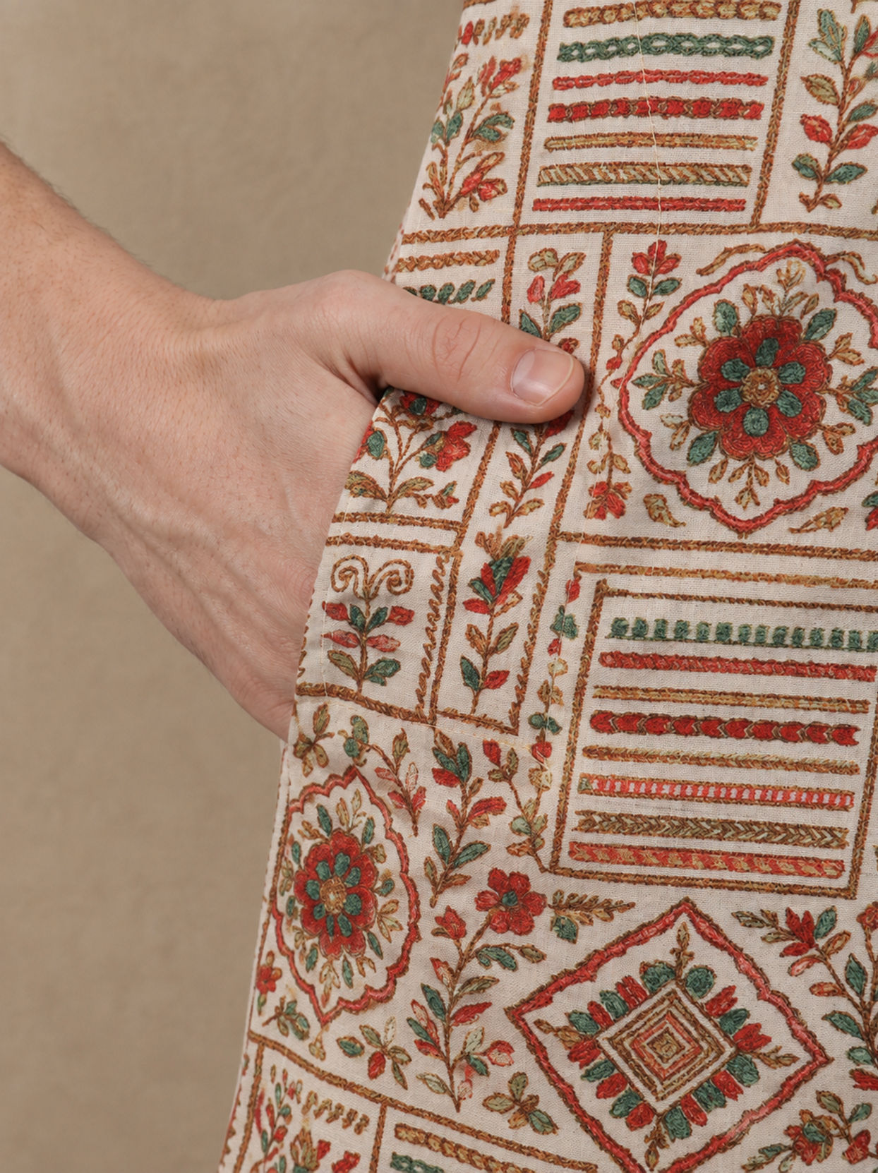 Manyavar Men Beige Blended Cotton Kurta with Print