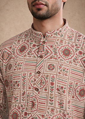 Manyavar Men Beige Blended Cotton Kurta with Print