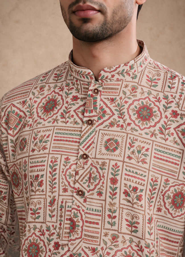 Manyavar Men Beige Blended Cotton Kurta with Print