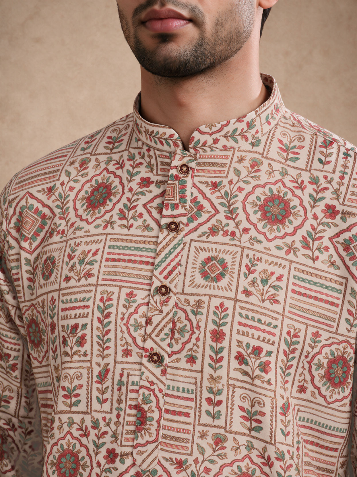 Manyavar Men Beige Blended Cotton Kurta with Print