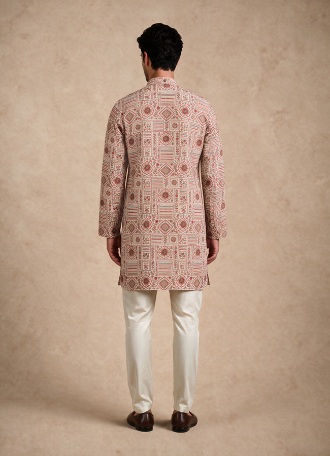 Manyavar Men Beige Blended Cotton Kurta with Print