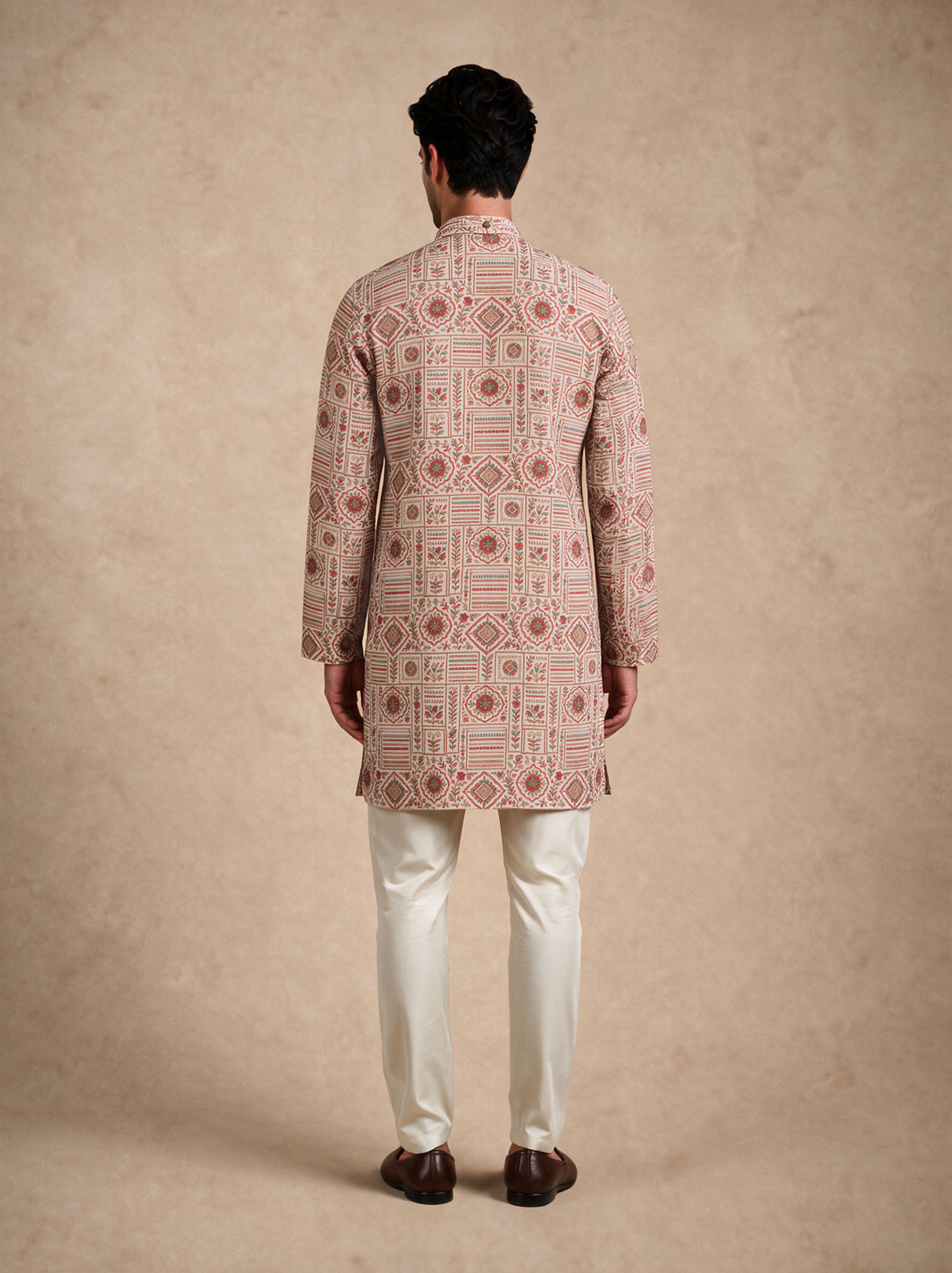 Manyavar Men Beige Blended Cotton Kurta with Print