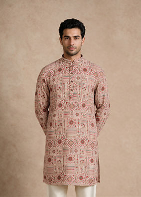 Manyavar Men Beige Blended Cotton Kurta with Print