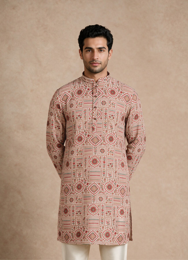 Manyavar Men Beige Blended Cotton Kurta with Print