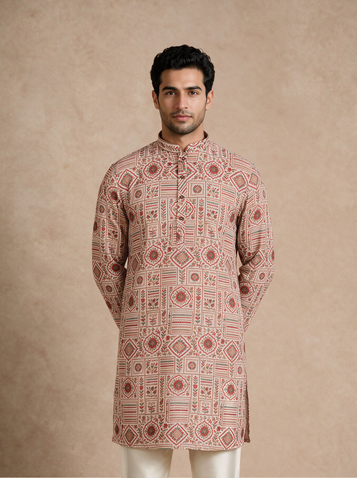Manyavar Men Beige Blended Cotton Kurta with Print
