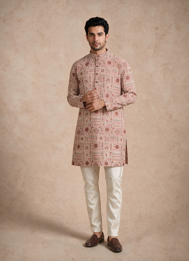 Manyavar Men Beige Blended Cotton Kurta with Print