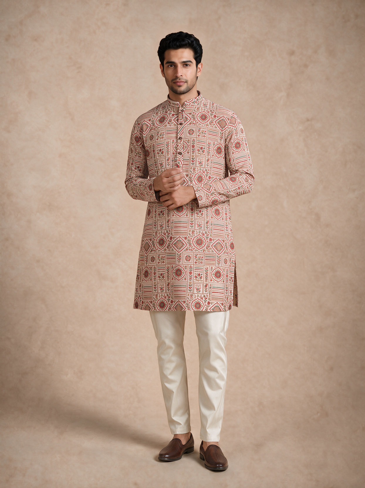 Manyavar Men Beige Blended Cotton Kurta with Print