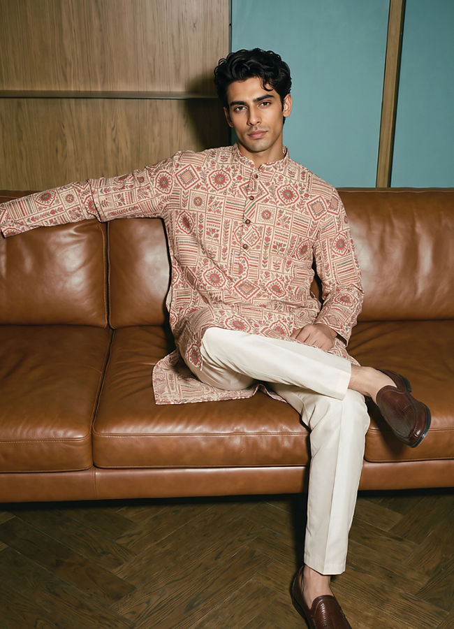 Manyavar Men Beige Blended Cotton Kurta with Print