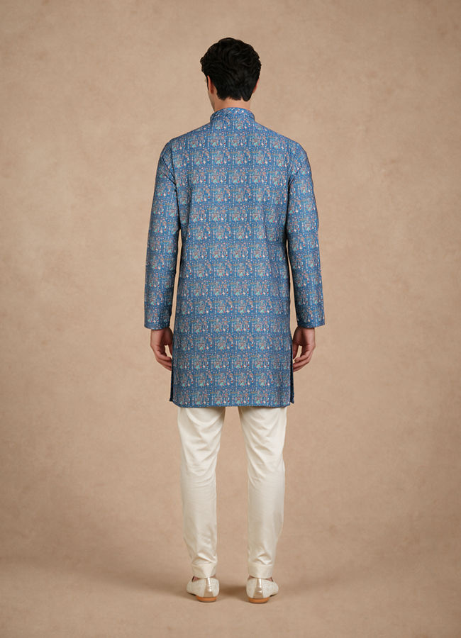Manyavar Men Teal Blue Blended Cotton Kurta with Print