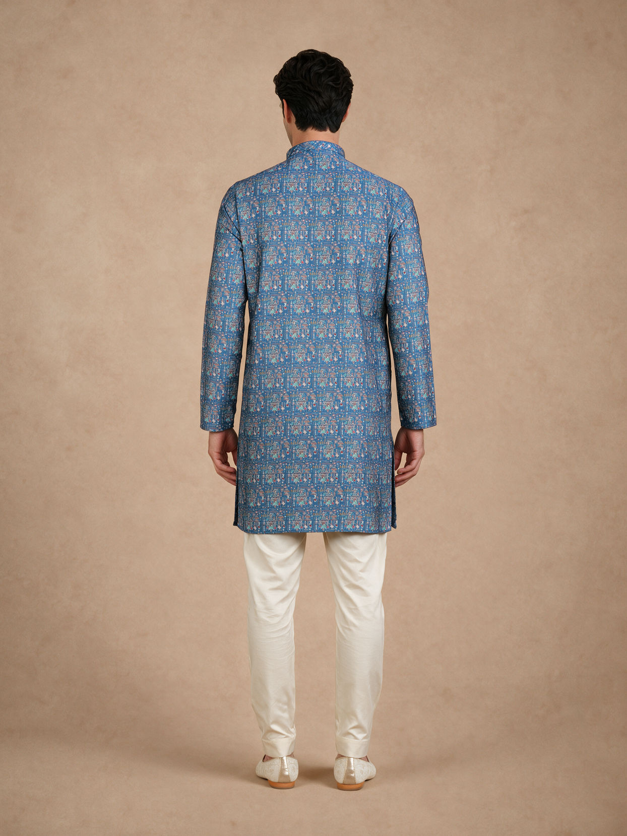 Manyavar Men Teal Blue Blended Cotton Kurta with Print