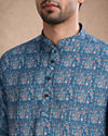 Manyavar Men Teal Blue Blended Cotton Kurta with Print